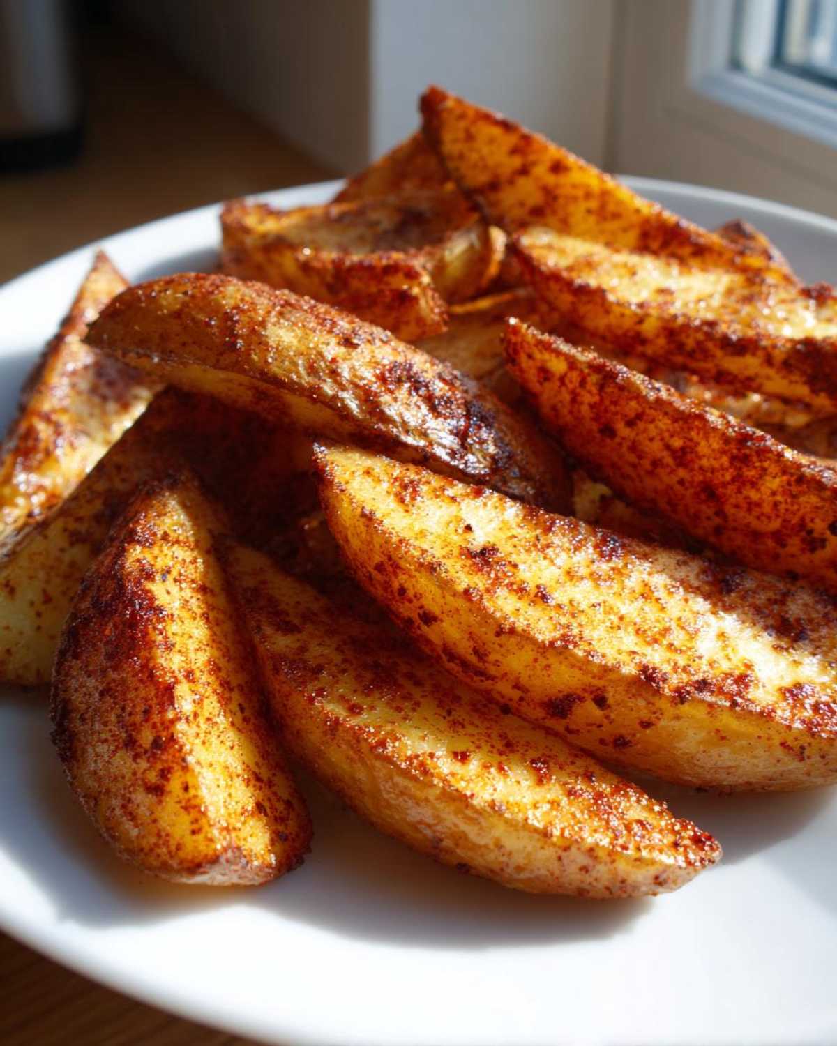 A close-up of golden brown, seasoned air fryer potato wedges piled high on a white plate.