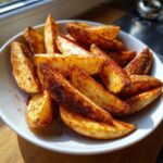 A white bowl filled with crispy, golden air fryer potato wedges heavily seasoned with paprika.