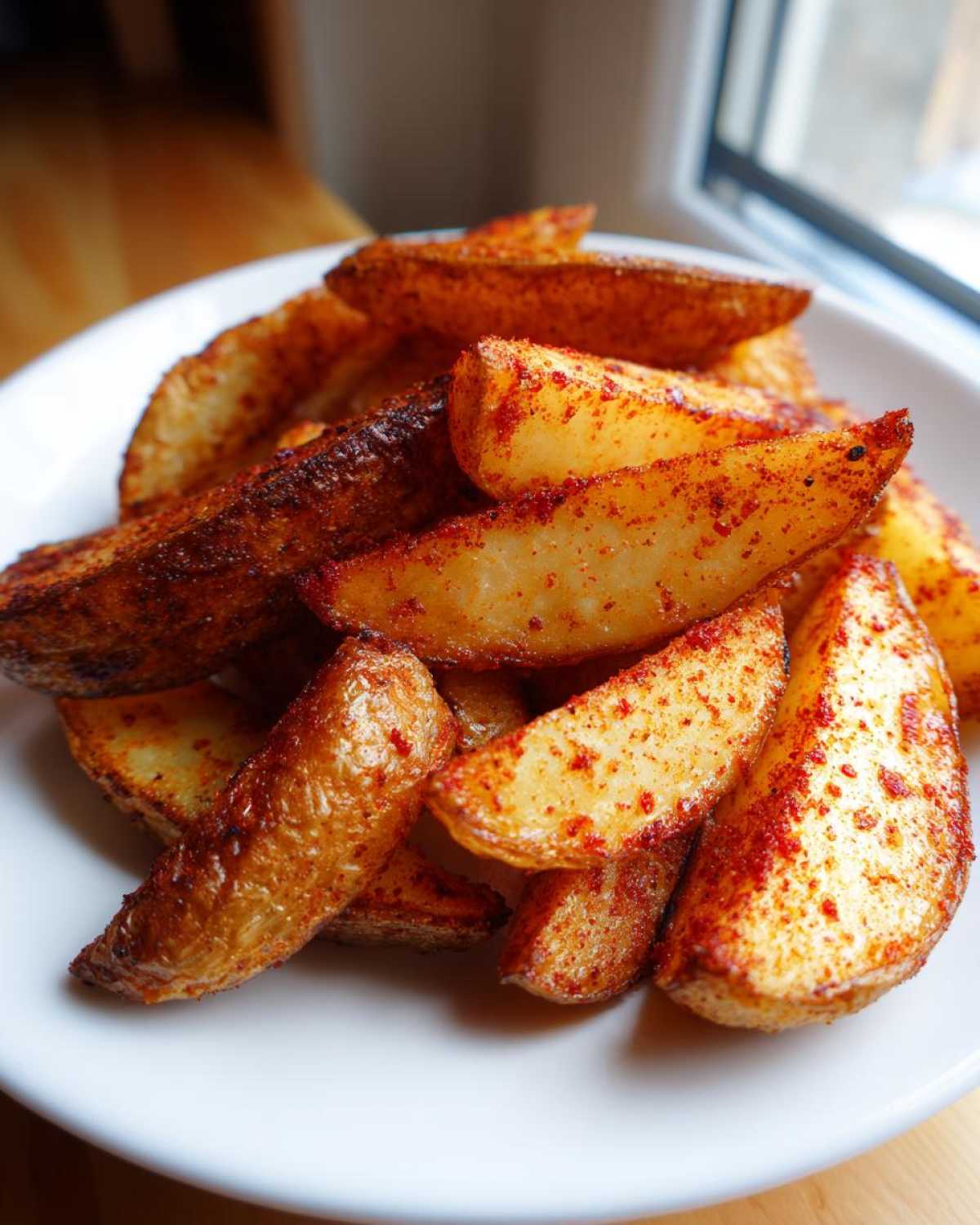 A close-up of crispy, golden air fryer potato wedges heavily seasoned with paprika, piled high on a white plate.