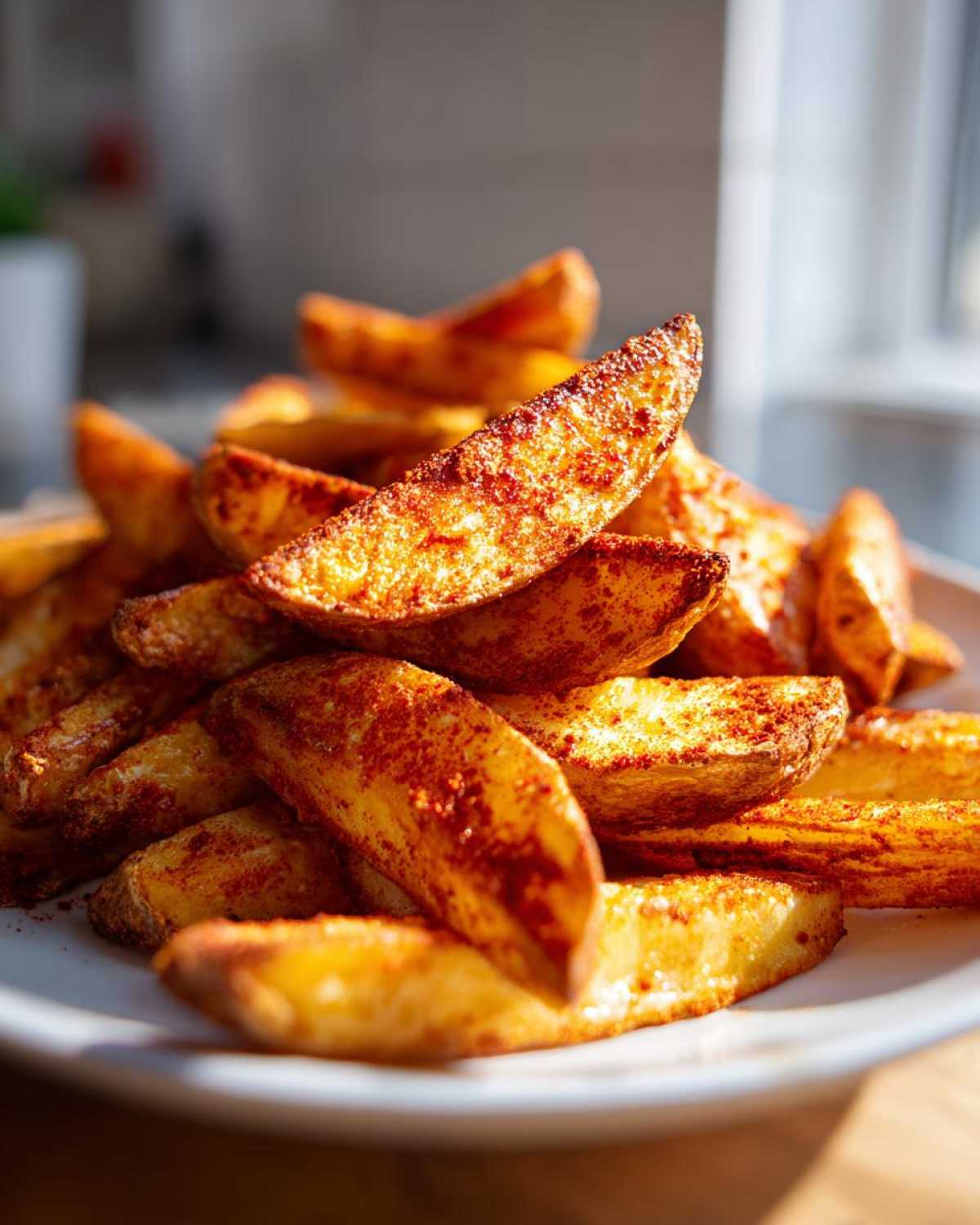 A close-up, appetizing pile of golden brown air fryer potato wedges heavily seasoned with paprika.