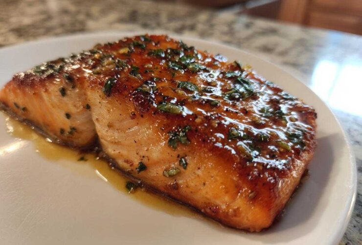 A close-up of a beautifully glazed and cooked piece of air fryer salmon, topped with herbs, resting on a white plate.