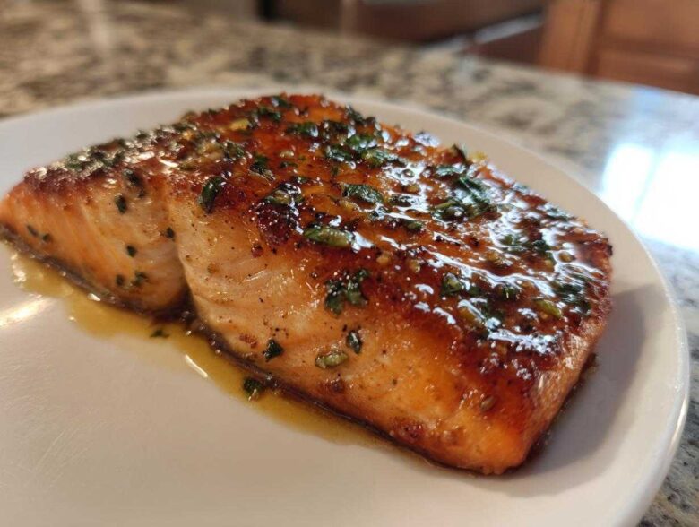 A close-up of a beautifully glazed and cooked piece of air fryer salmon, topped with herbs, resting on a white plate.
