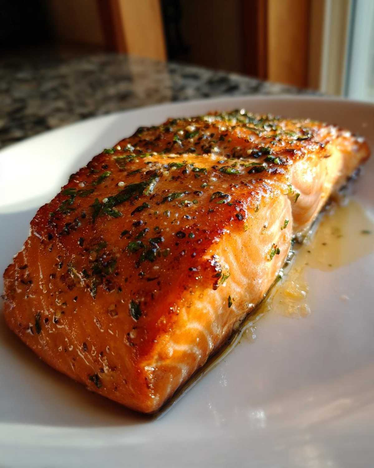 Close-up of a glistening, orange air fryer salmon fillet seasoned with herbs, resting in its juices on a white plate.