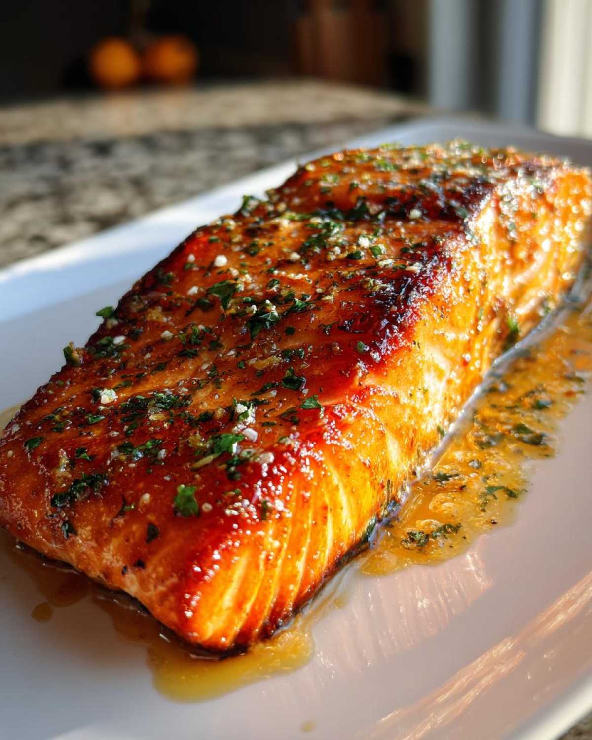 Close-up of a beautifully glazed and seasoned air fryer salmon fillet resting in its juices on a white platter.