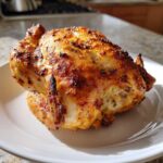 A perfectly cooked, crispy-skinned air fryer whole chicken resting on a white plate, ready to serve.