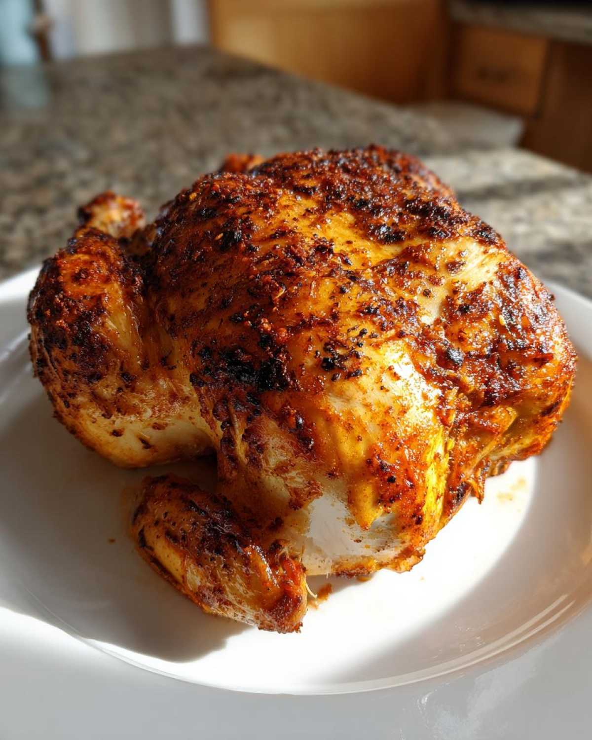 A beautifully browned and seasoned air fryer whole chicken resting on a white plate, ready to serve.