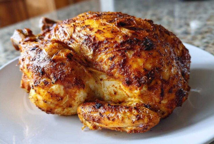 A whole roasted chicken with crispy, seasoned skin cooked in an air fryer whole chicken recipe, resting on a white plate.