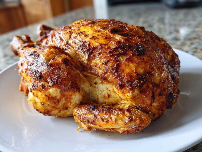 A whole roasted chicken with crispy, seasoned skin cooked in an air fryer whole chicken recipe, resting on a white plate.