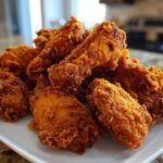 A close-up shot of a pile of perfectly cooked, crispy fried chicken wings with a deep golden-brown crust.