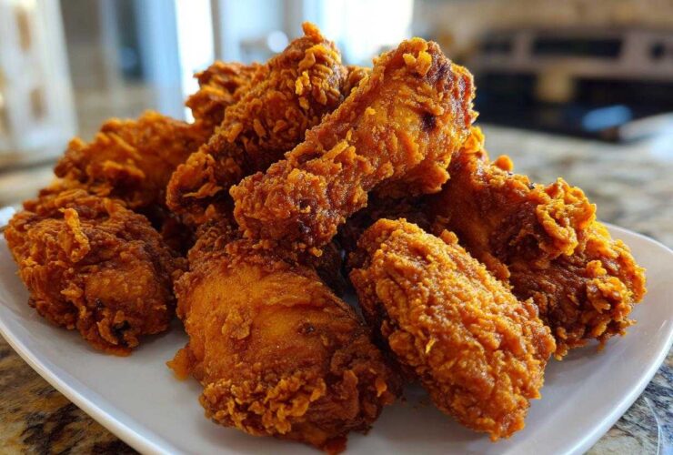 A close-up shot of a pile of perfectly cooked, crispy fried chicken wings with a deep golden-brown crust.