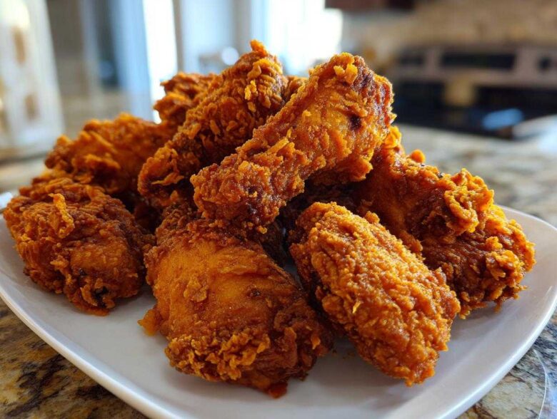 A close-up shot of a pile of perfectly cooked, crispy fried chicken wings with a deep golden-brown crust.
