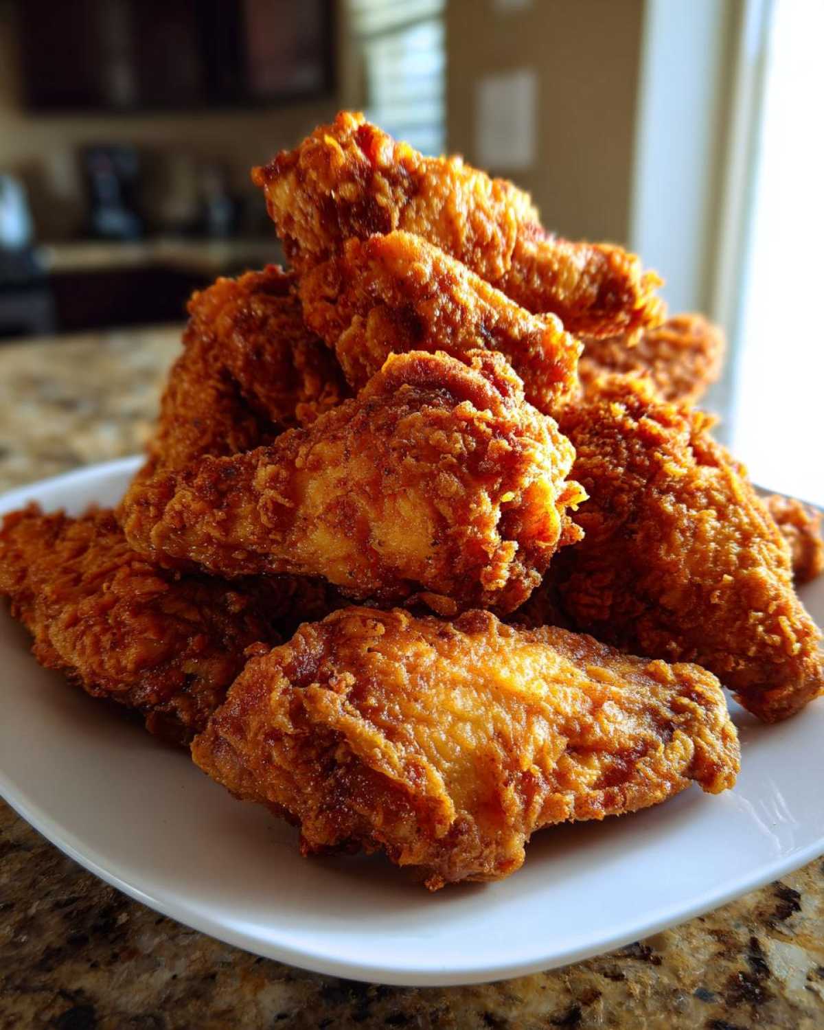 A close-up stack of golden brown, crispy fried chicken wings piled high on a white plate.