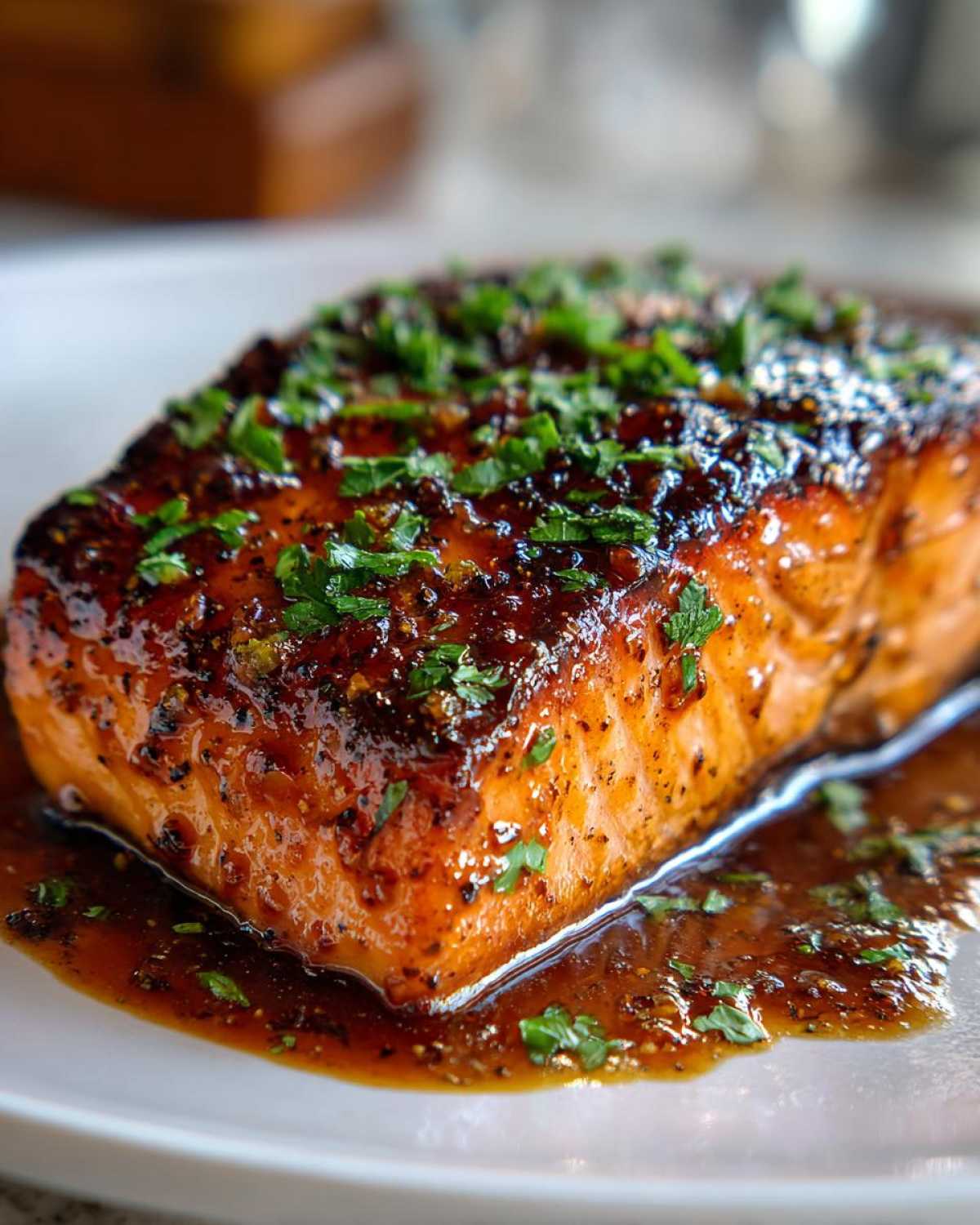 Close-up of a perfectly baked salmon fillet covered in a rich, dark glaze and topped with fresh chopped parsley.