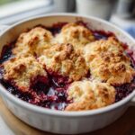 Close-up of a bubbling, warm berry cobbler with golden biscuit topping in a white baking dish.