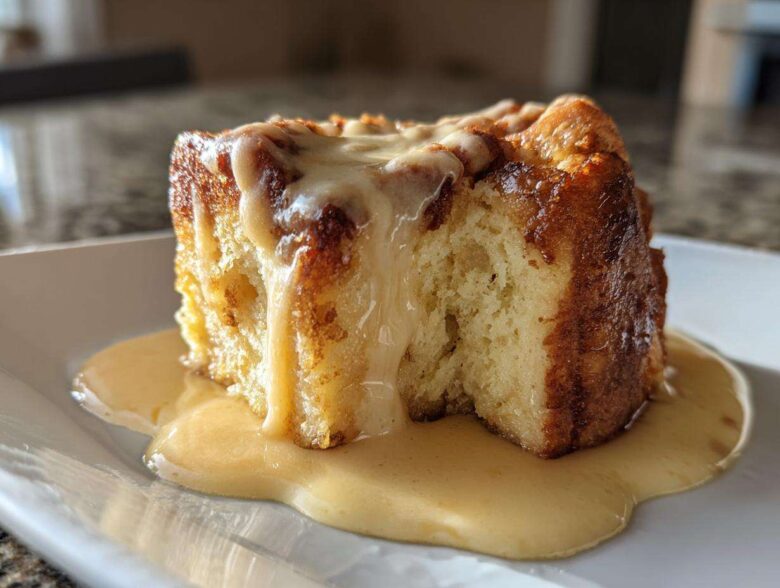 A decadent square of bread pudding drenched in thick vanilla sauce, showcasing the texture of the amazing bread pudding.