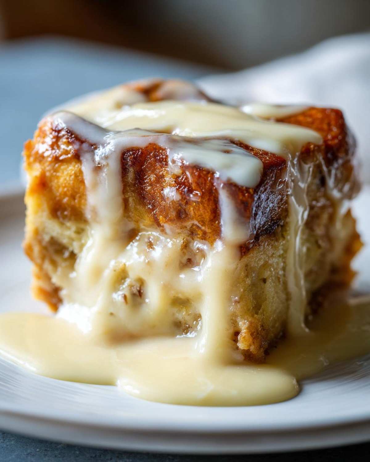 Close-up of a square slice of golden brown bread pudding drenched in thick vanilla sauce.