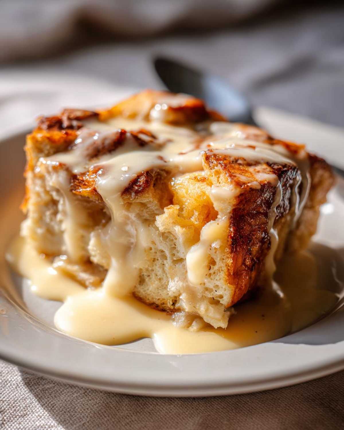 Close-up of a rich slice of bread pudding covered in creamy vanilla sauce, highlighting the texture.