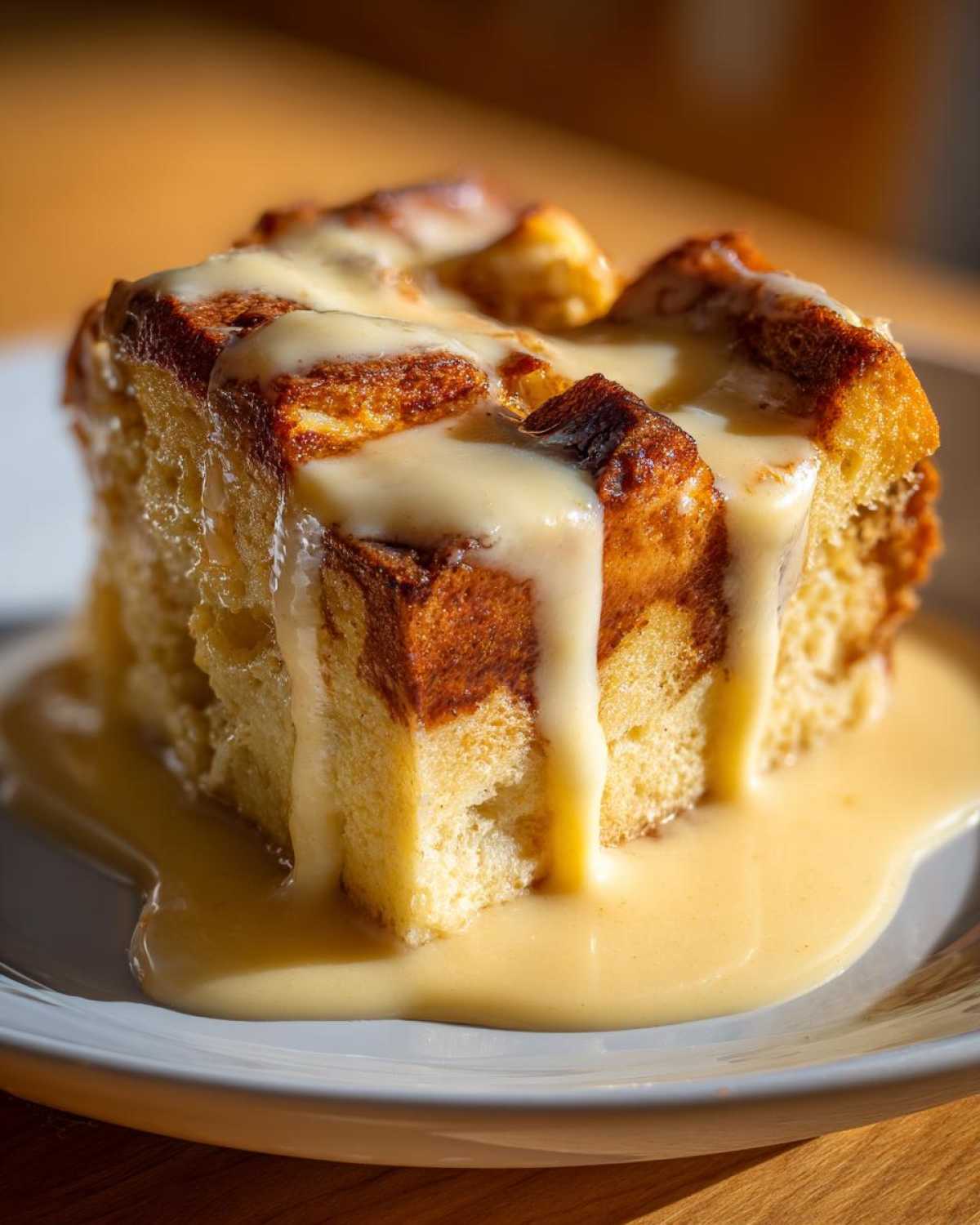A decadent square of amazing bread pudding drenched in rich vanilla sauce, served on a light blue plate.