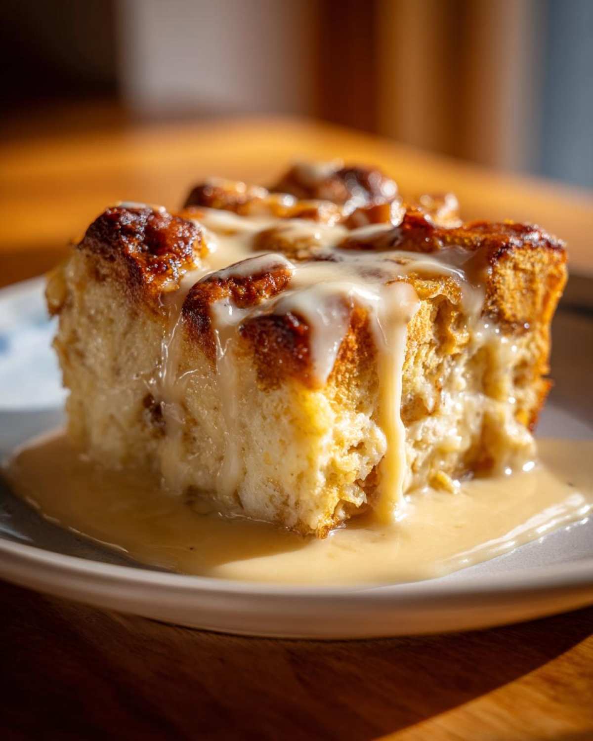 Close-up of a square serving of moist bread pudding drenched in a rich vanilla cream sauce.