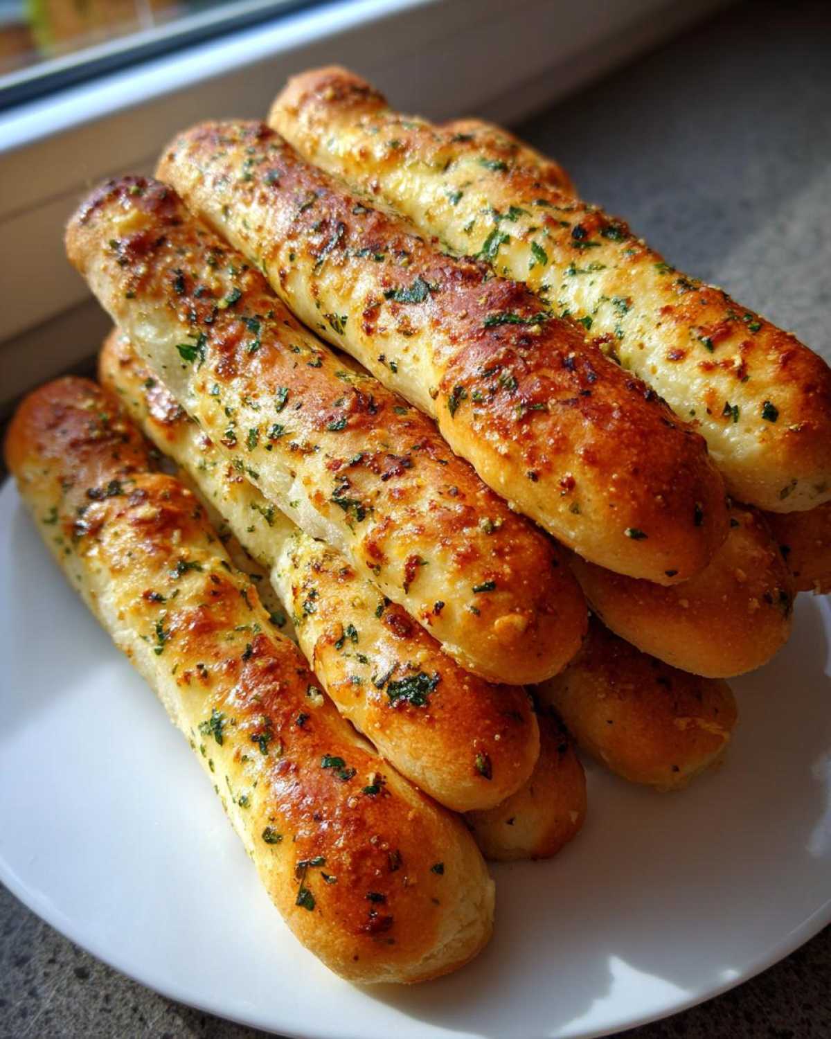 A stack of freshly baked, golden brown garlic breadsticks seasoned with herbs, ready to eat.