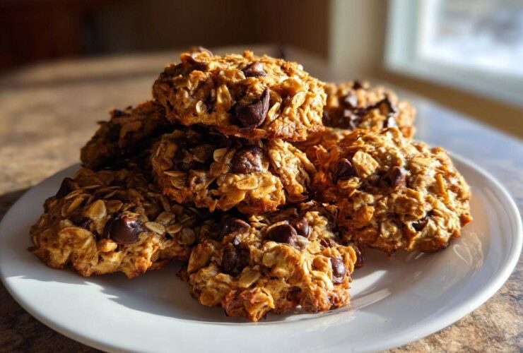 A stack of golden brown breakfast cookie treats loaded with oats and chocolate chips on a white plate.