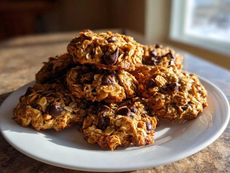 A stack of golden brown breakfast cookie treats loaded with oats and chocolate chips on a white plate.