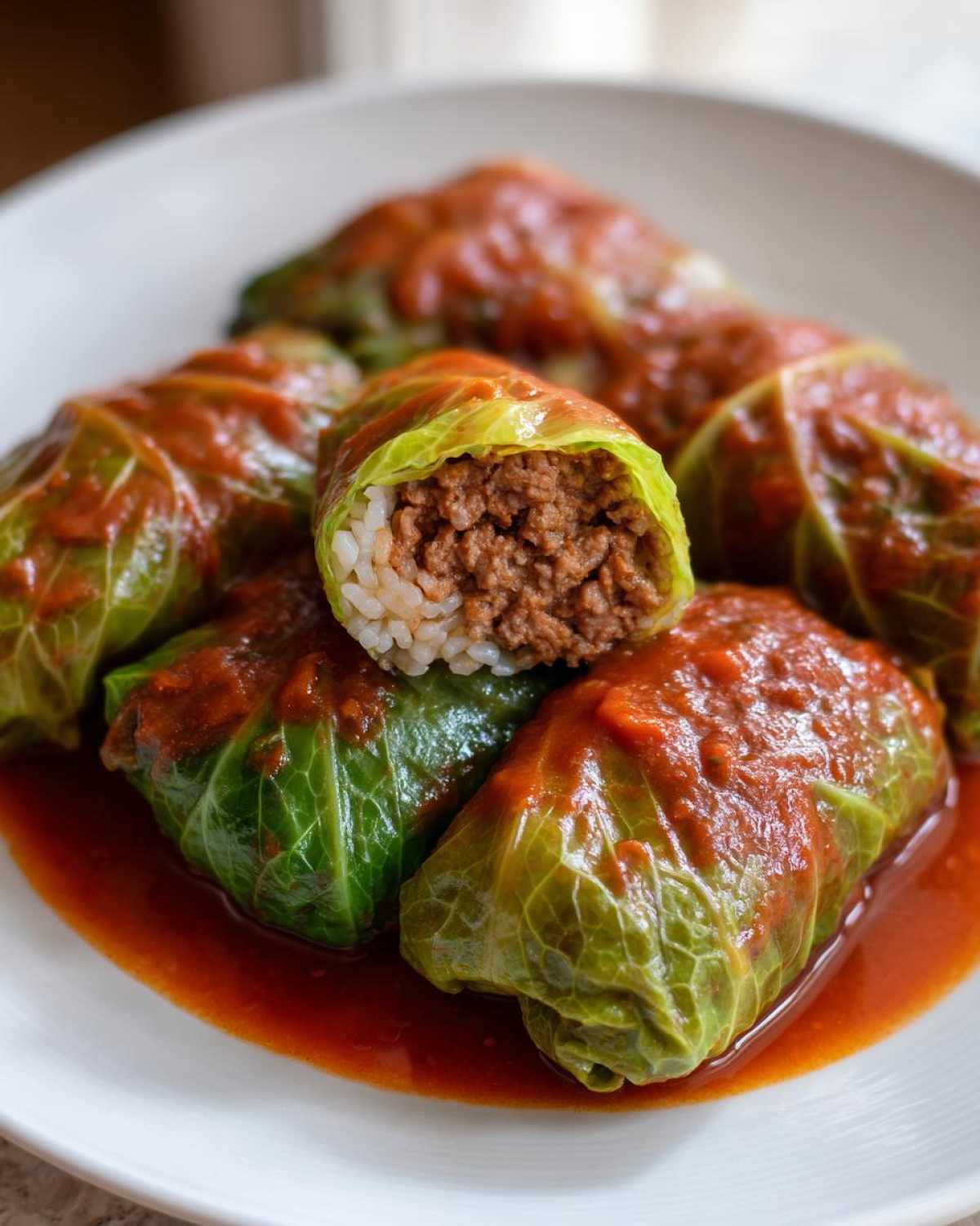A plate of homemade cabbage rolls covered in rich tomato sauce, with one cut open showing the meat and rice filling.