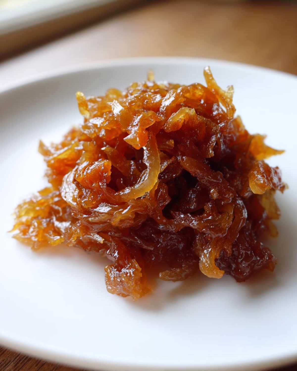 A close-up of a mound of rich, brown caramelized onions served on a white plate.