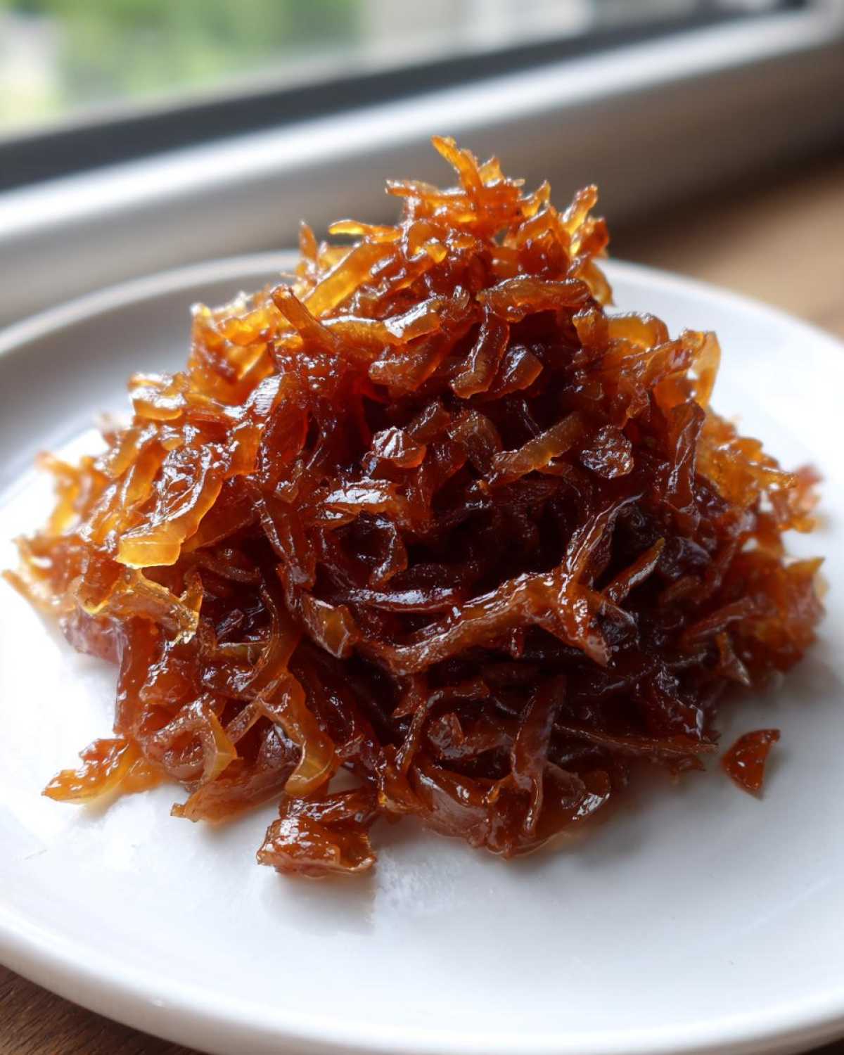 A close-up of a mound of deeply browned, glossy caramelized onions served on a white plate.