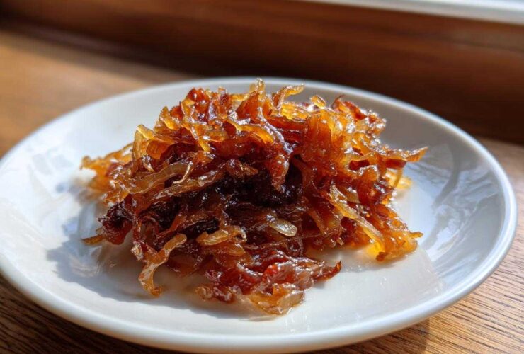 A small pile of deeply browned, glossy caramelized onions served on a white saucer.