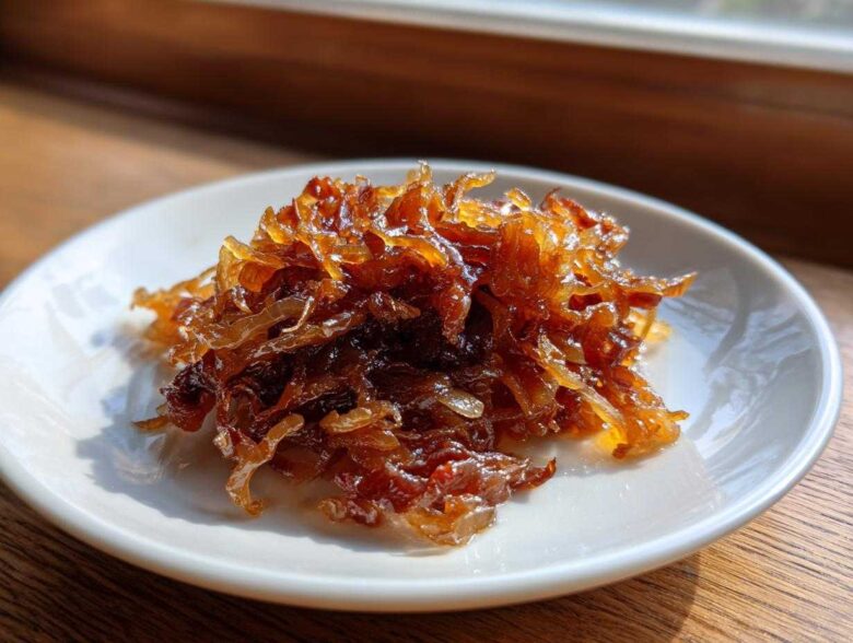 A small pile of deeply browned, glossy caramelized onions served on a white saucer.