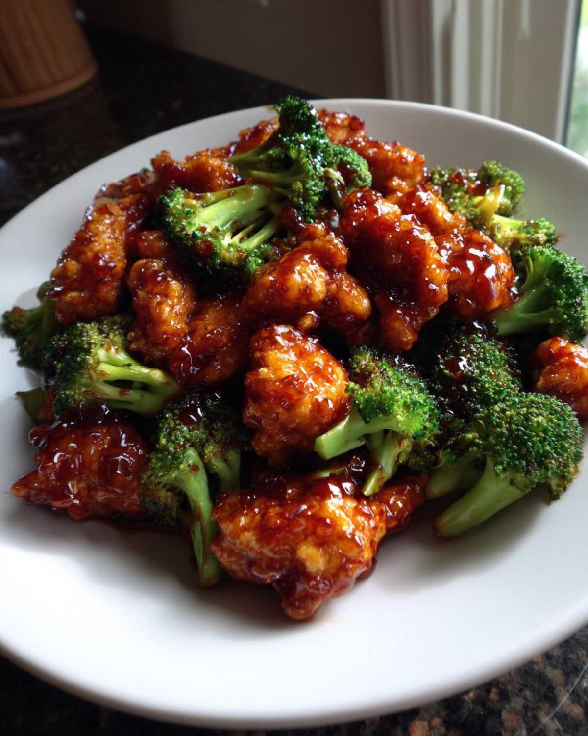 Close-up of saucy, glazed chicken and bright green broccoli florets served on a white plate, highlighting the chicken and broccoli.