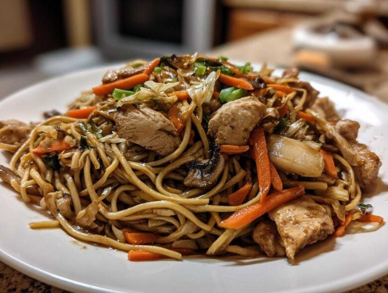 A close-up of a generous serving of chicken chow mein recipe featuring noodles, sliced chicken, carrots, and mushrooms on a white plate.