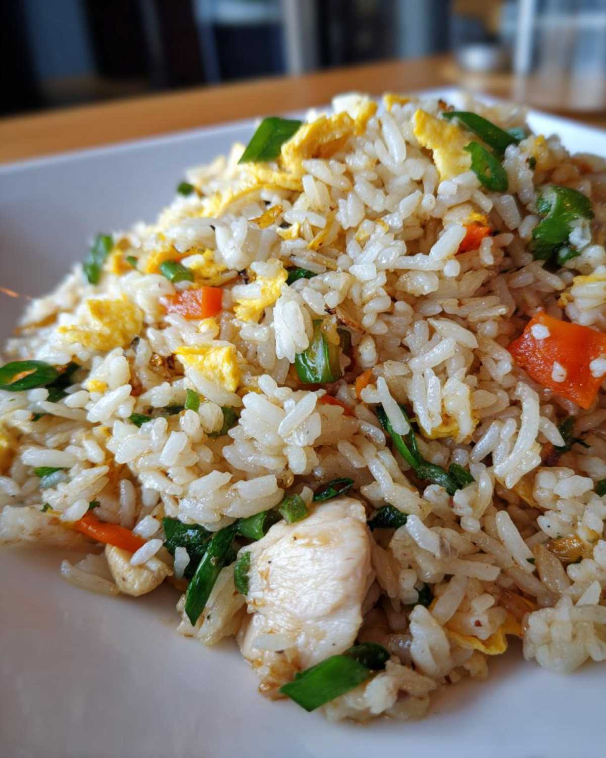 A close-up, appetizing shot of a mound of amazing chicken fried rice featuring white rice, chunks of chicken, scrambled egg, and green onions.