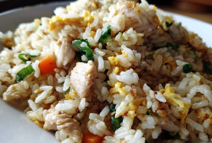 Close-up macro shot of fluffy white rice mixed with chunks of chicken, scrambled egg, carrots, and green onions in chicken fried rice.