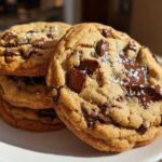 A stack of three golden-brown chocolate chip cookies, topped with melted chocolate chunks and flaky sea salt.