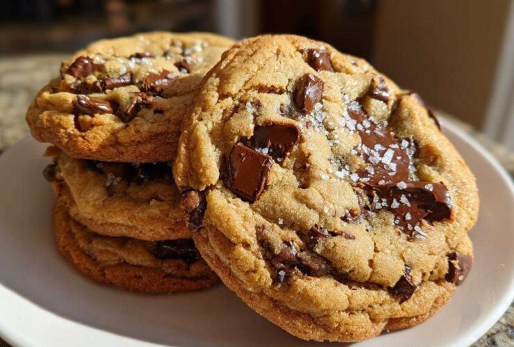 A stack of three golden-brown chocolate chip cookies, topped with melted chocolate chunks and flaky sea salt.