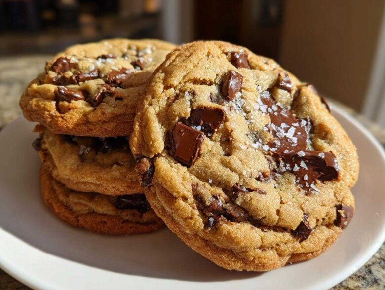A stack of three golden-brown chocolate chip cookies, topped with melted chocolate chunks and flaky sea salt.