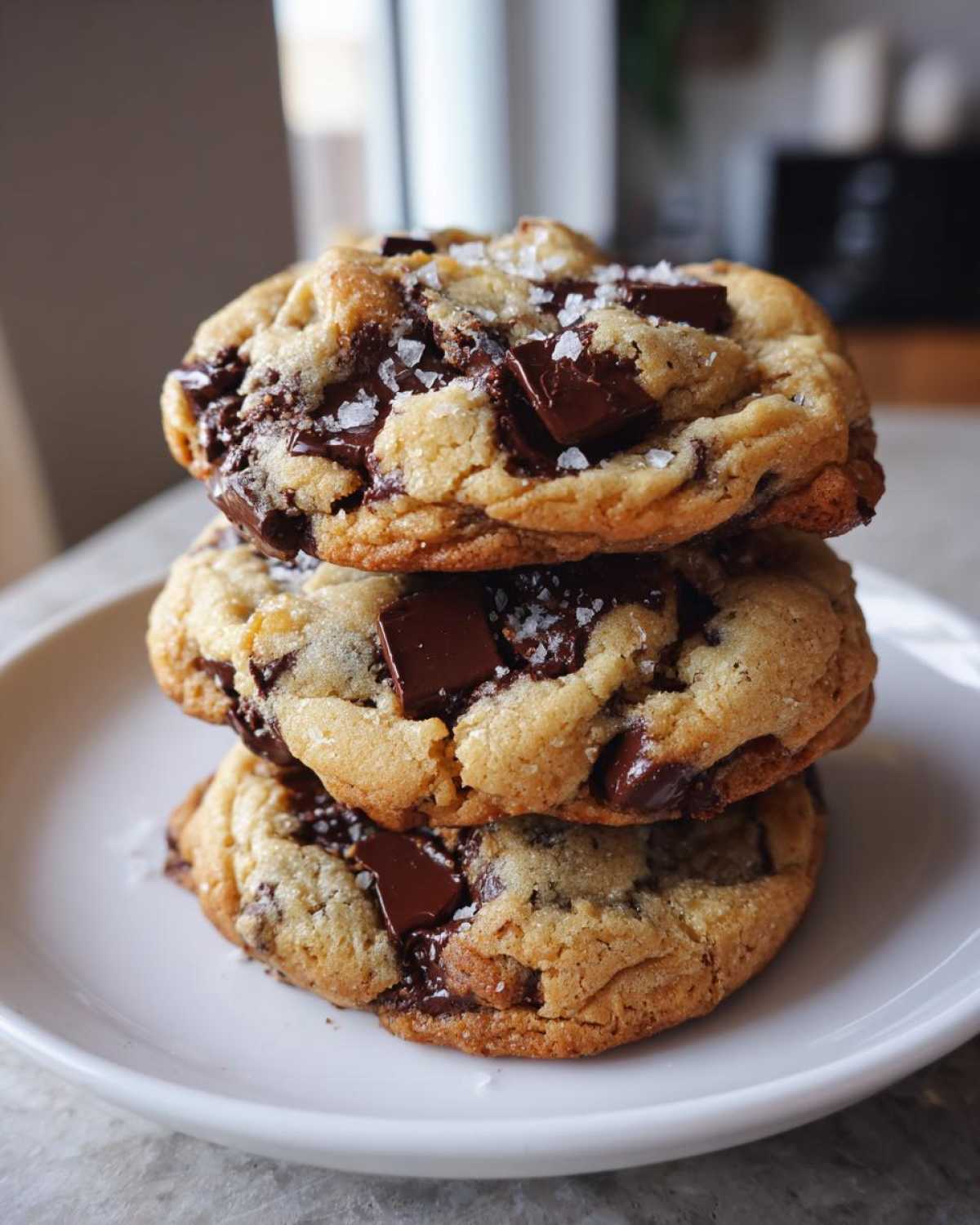 Three thick, gooey chocolate chip cookies stacked on a white plate, topped with melted chocolate chunks and flaky sea salt.