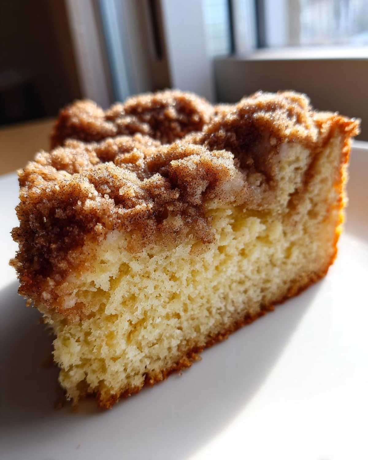 Close-up of a moist slice of coffee cake showing a thick, sugary cinnamon crumb topping.