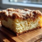 A moist slice of amazing coffee cake featuring a thick, sugary cinnamon crumb topping, sitting on a wooden board.