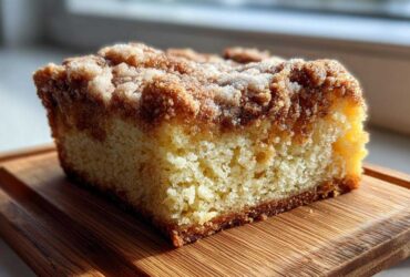A moist slice of amazing coffee cake featuring a thick, sugary cinnamon crumb topping, sitting on a wooden board.