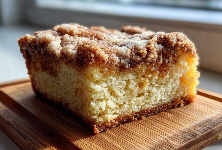 A moist slice of amazing coffee cake featuring a thick, sugary cinnamon crumb topping, sitting on a wooden board.