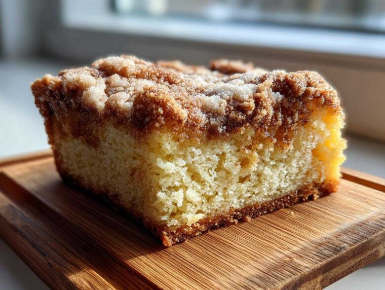 A moist slice of amazing coffee cake featuring a thick, sugary cinnamon crumb topping, sitting on a wooden board.