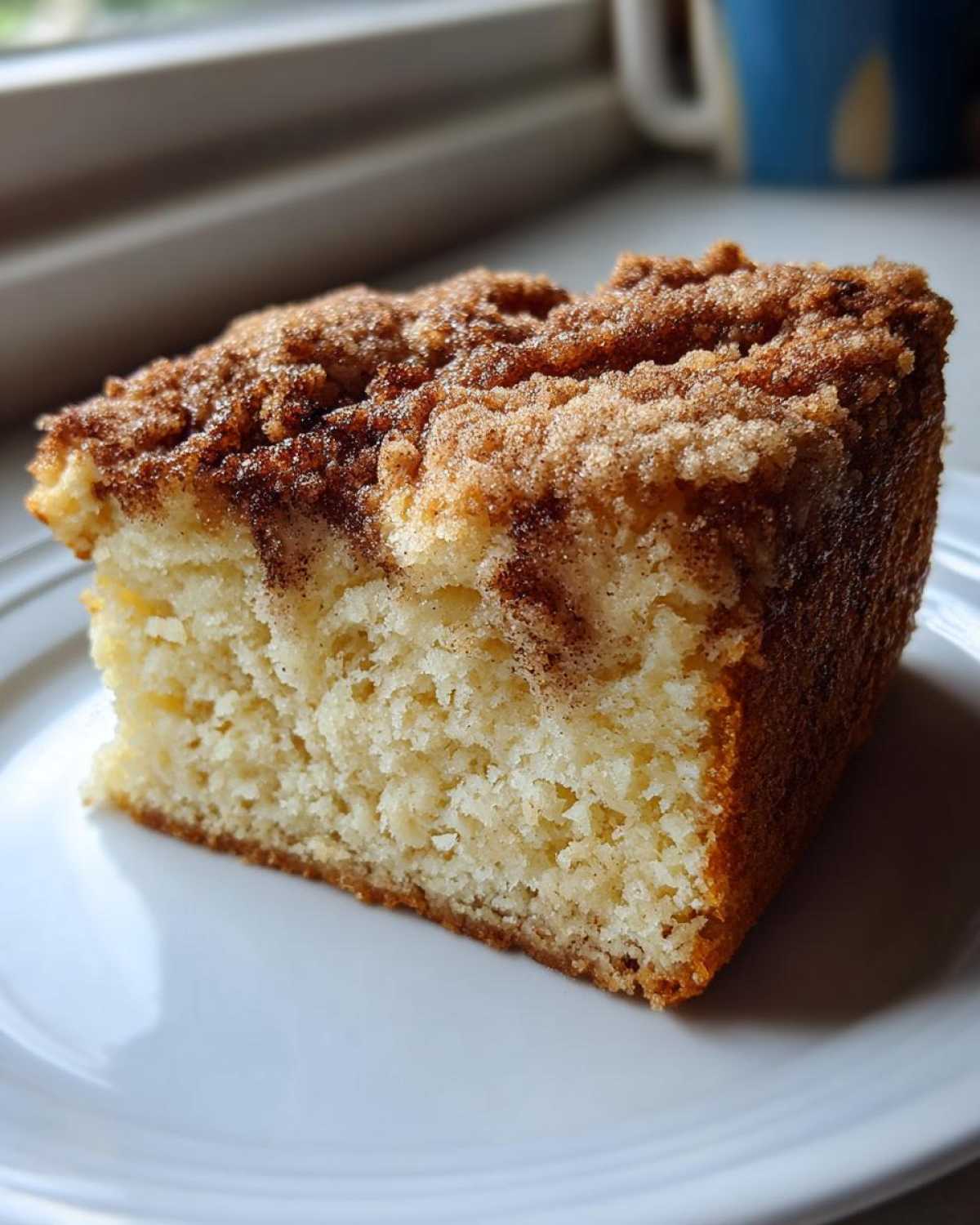 A close-up of a moist slice of coffee cake featuring a thick cinnamon streusel topping on a white plate.