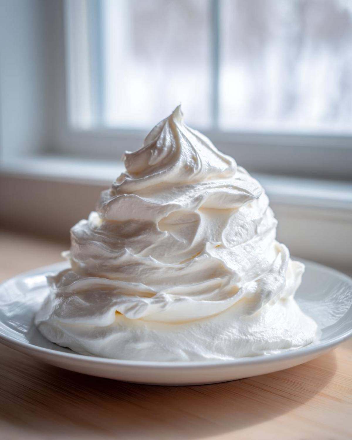 A large, perfectly piped mound of fluffy white cream cheese frosting sitting on a small white plate.