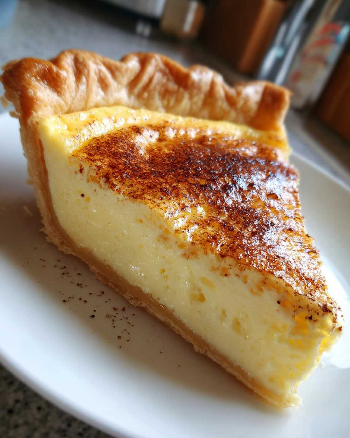 A close-up of a perfectly baked slice of amazing egg custard pie with a golden, nutmeg-dusted top.
