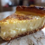 Close-up of a thick slice of creamy egg custard tart with a golden, slightly torched top.