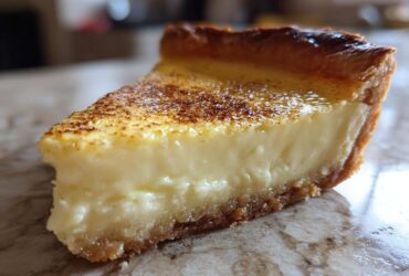 Close-up of a thick slice of creamy egg custard tart with a golden, slightly torched top.