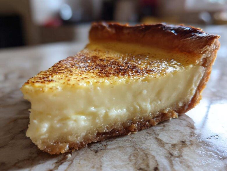 Close-up of a thick slice of creamy egg custard tart with a golden, slightly torched top.